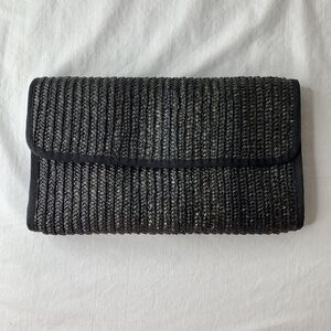 VTG‎ Woven Straw Rattan Black Clutch Handbag Button Flap Made In Hong Kong MCM